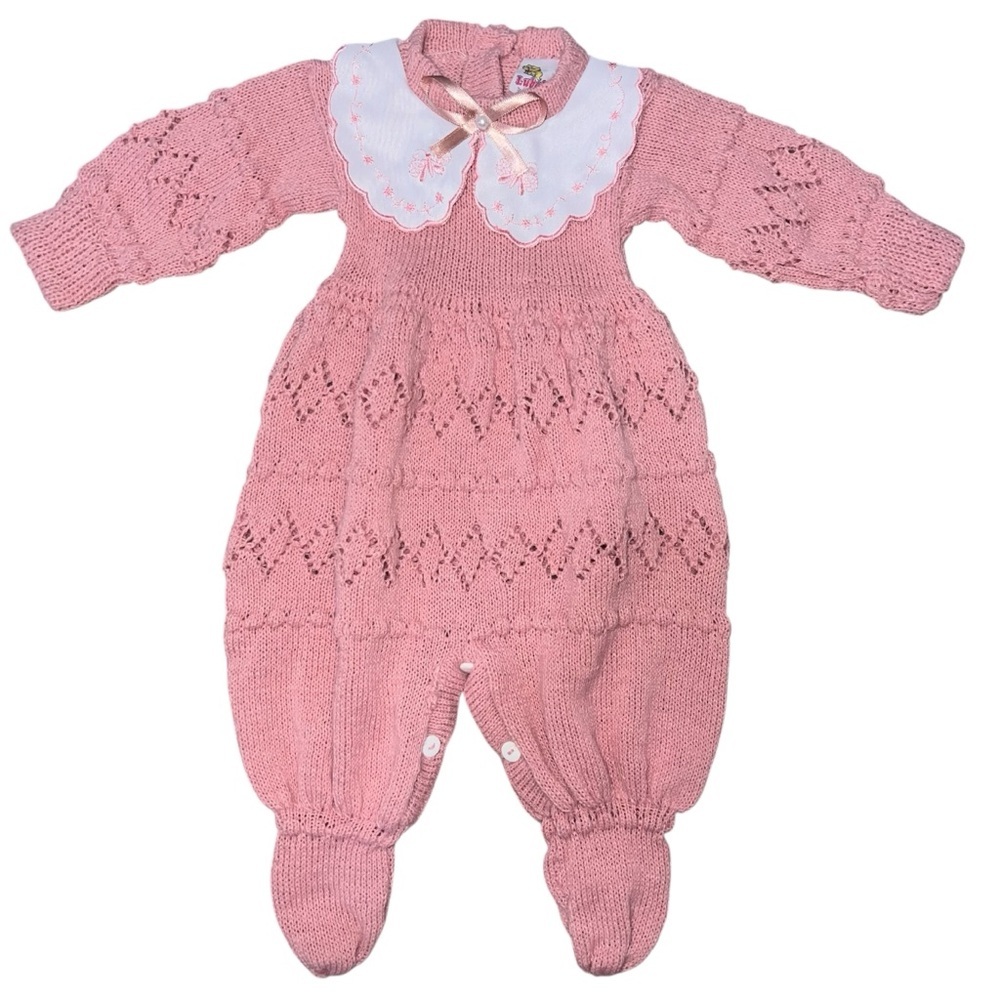 EUC Vintage Pink Knit Baby One-Piece Romper Peter Pan Collar Pink Bow 3-6 Month
